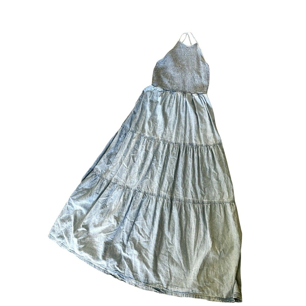 Venus Smocked Halter Top Tiered Chambray Denim Maxi Dress Western Festival M